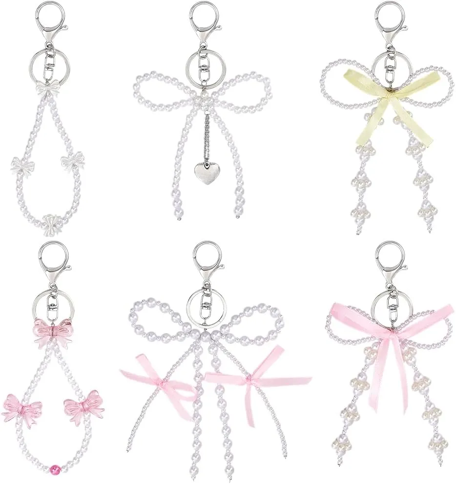 PH PandaHall 6 Styles Bow Keychains, Platinum Keychain Charm Key Chain with White Pearl Pendants Colorful Bows Pendants Key Chain Clip Beaded Keyring for Graduation Car Keys Women Handbag Backpacks