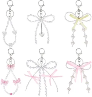 PH PandaHall 6 Styles Bow Keychains, Platinum Keychain Charm Key Chain with White Pearl Pendants Colorful Bows Pendants Key Chain Clip Beaded Keyring for Graduation Car Keys Women Handbag Backpacks