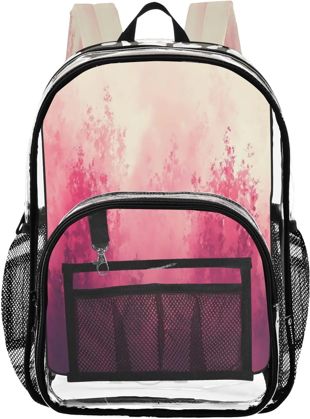 Pink Watercolor Forest Clear Backpack with Back Print, Heavy Duty See Through Backpacks PVC Transparent Daypack for Travel Security