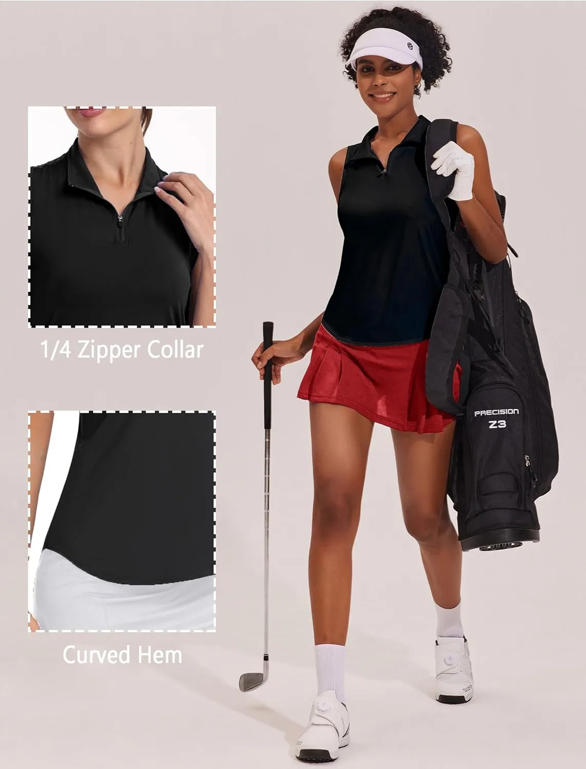 PINSPARK Women Golf Shirts Sleeveless UPF 50  Tennis Polo Shirts 1/4 Zip with Collar Racerback Tank Tops Pickleball Shirts