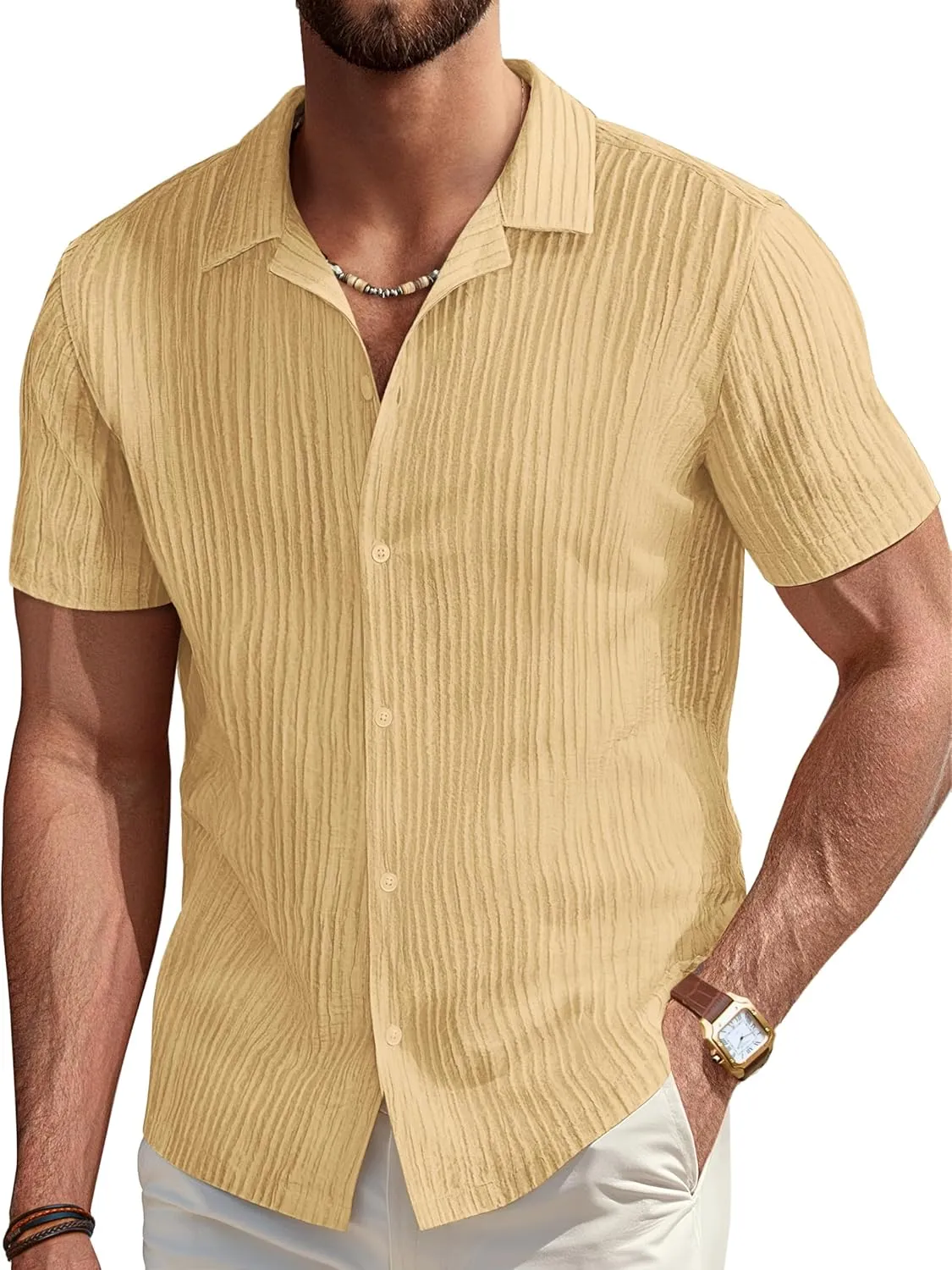 PJ PAUL JONES Mens Casual Shirts Summer Short Sleeve Textured Shirts Summer Cuban Collar Shirts
