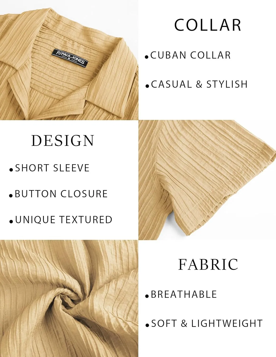 PJ PAUL JONES Mens Casual Shirts Summer Short Sleeve Textured Shirts Summer Cuban Collar Shirts