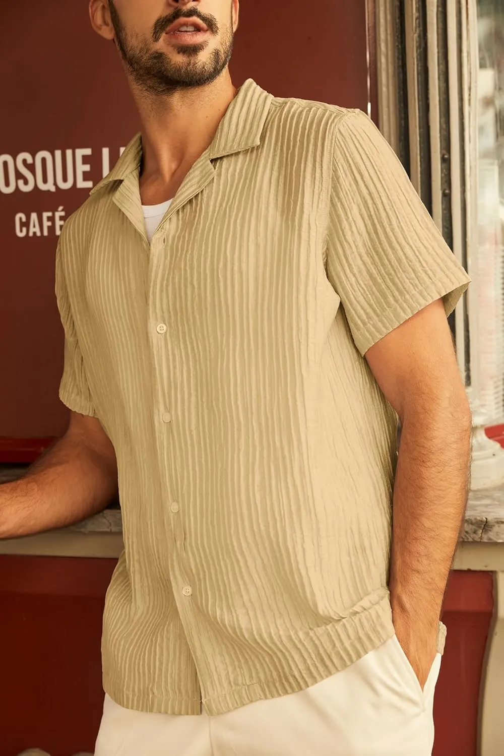 PJ PAUL JONES Mens Casual Shirts Summer Short Sleeve Textured Shirts Summer Cuban Collar Shirts