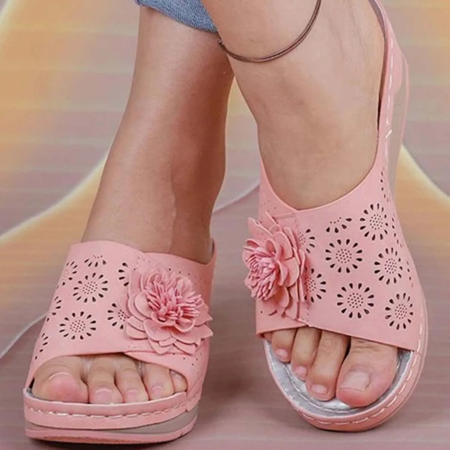 Platform Sandals Women Breathable Hollow Out Cute Floral Shoes Classic-Fit Slides Shoe with Arch Support