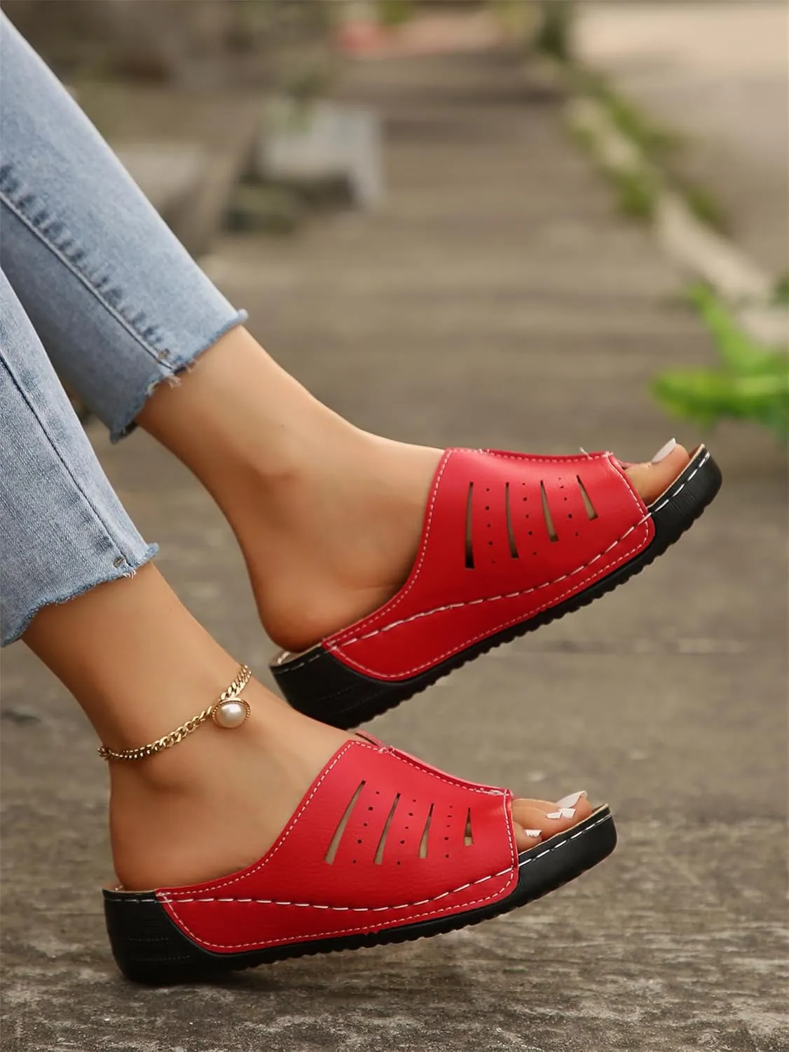 Platform Sandals Women Orthotic Slippers for Plantar Fasciitis Open Toe Slip On House Shoes Retro Soft Comfort Wear Orthowear Shoes Hollow Out Lightweight Sandals Summer Dress Shoe for Beach Vacation