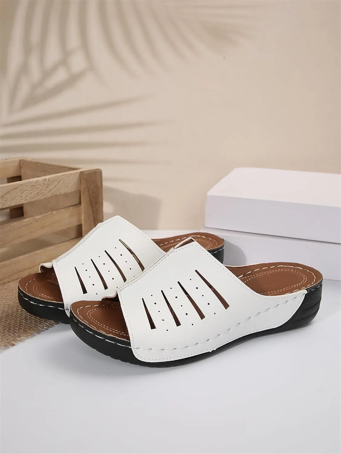 Platform Sandals Women Orthotic Slippers for Plantar Fasciitis Open Toe Slip On House Shoes Retro Soft Comfort Wear Orthowear Shoes Hollow Out Lightweight Sandals Summer Dress Shoe for Beach Vacation