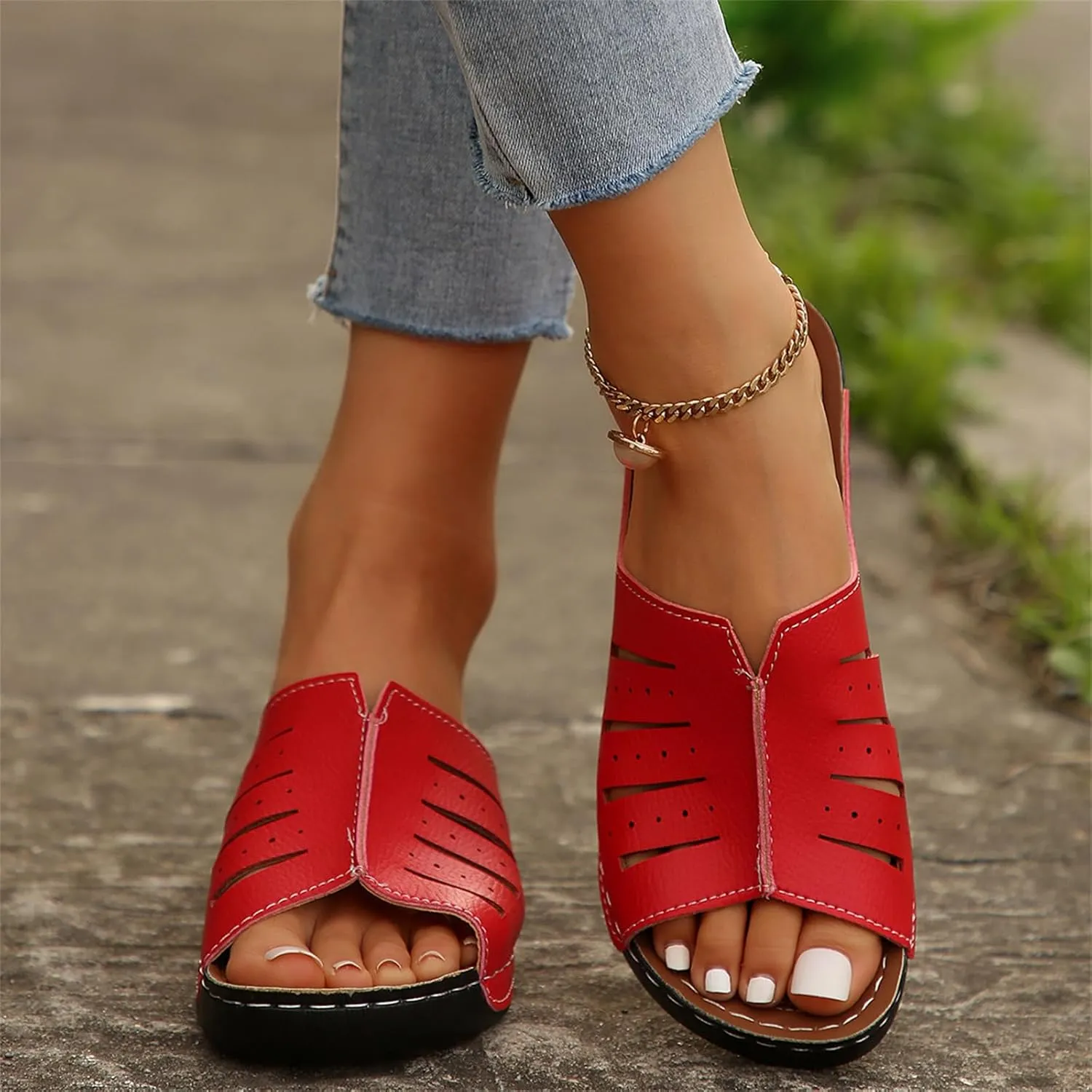 Platform Sandals Women Orthotic Slippers for Plantar Fasciitis Open Toe Slip On House Shoes Retro Soft Comfort Wear Orthowear Shoes Hollow Out Lightweight Sandals Summer Dress Shoe for Beach Vacation