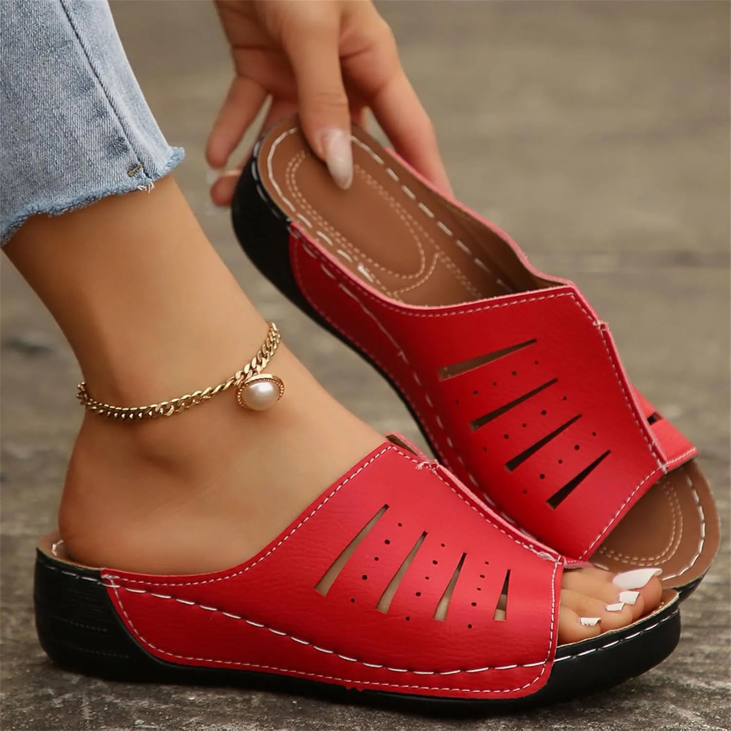Platform Sandals Women Orthotic Slippers for Plantar Fasciitis Open Toe Slip On House Shoes Retro Soft Comfort Wear Orthowear Shoes Hollow Out Lightweight Sandals Summer Dress Shoe for Beach Vacation