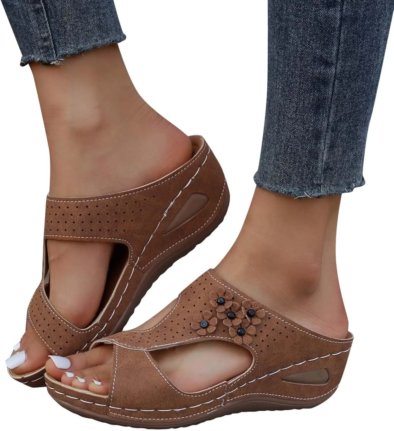 Platform Wedge Sandals for Women Arch Support 2025 Fashion Flower Hollow Breathable Open Toe Elegant Slip on Slippers Comfortable Walking Summer Beach Sandals