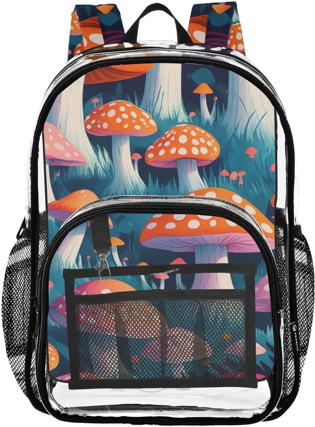Pretty Mushroom Clear Backpack with Back Print, Heavy Duty See Through Backpacks PVC Transparent Daypack for Travel Security