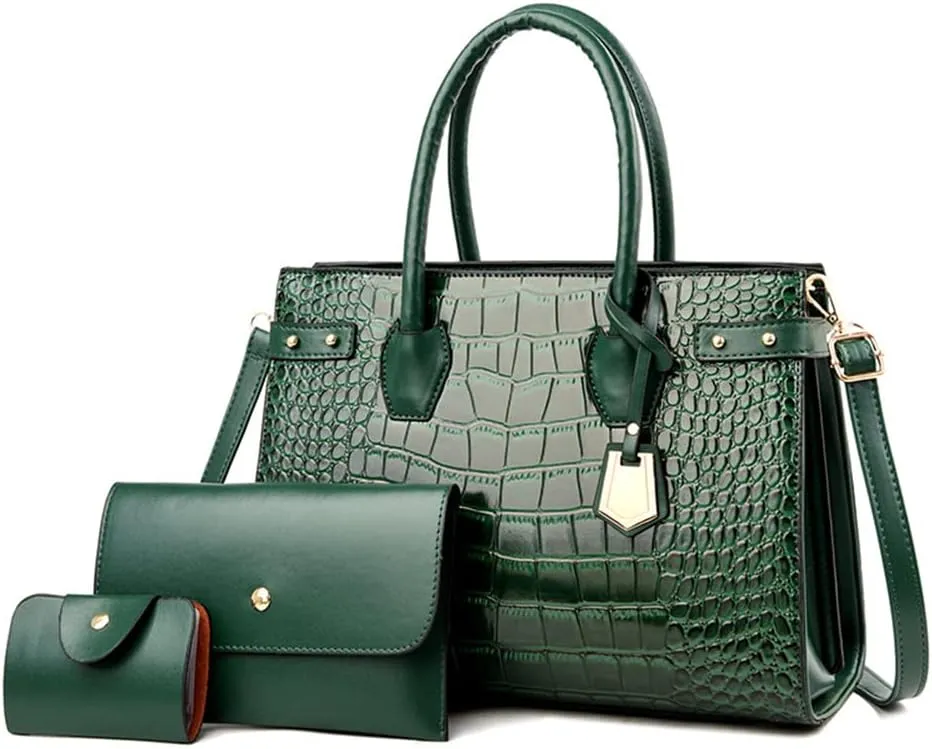PU Leather Purses and Handbags Crossbody for Women Fashion Crocodile Pattern Top Handle Satchel Purse Set 3pcs (Brown)