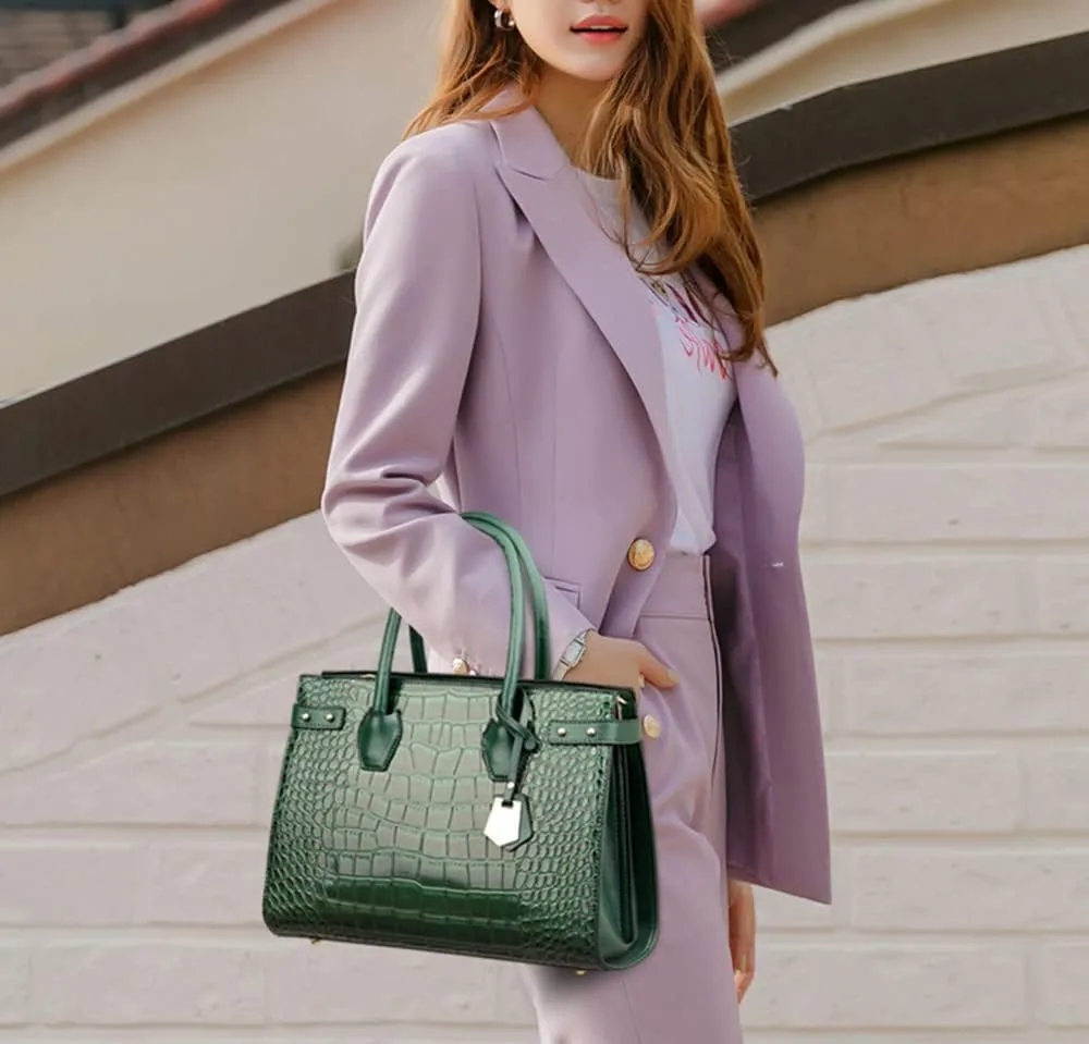 PU Leather Purses and Handbags Crossbody for Women Fashion Crocodile Pattern Top Handle Satchel Purse Set 3pcs (Brown)