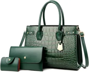 PU Leather Purses and Handbags Crossbody for Women Fashion Crocodile Pattern Top Handle Satchel Purse Set 3pcs (Brown)