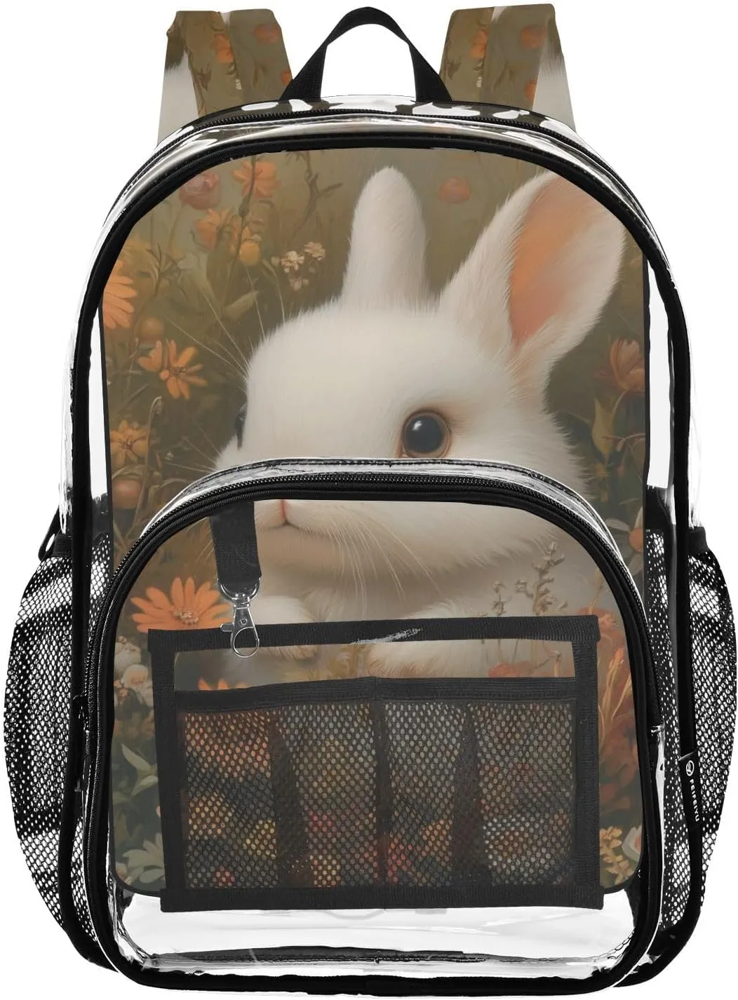 Rabbit in The Field Clear Backpack with Back Print, Heavy Duty See Through Backpacks PVC Transparent Daypack for Travel Security