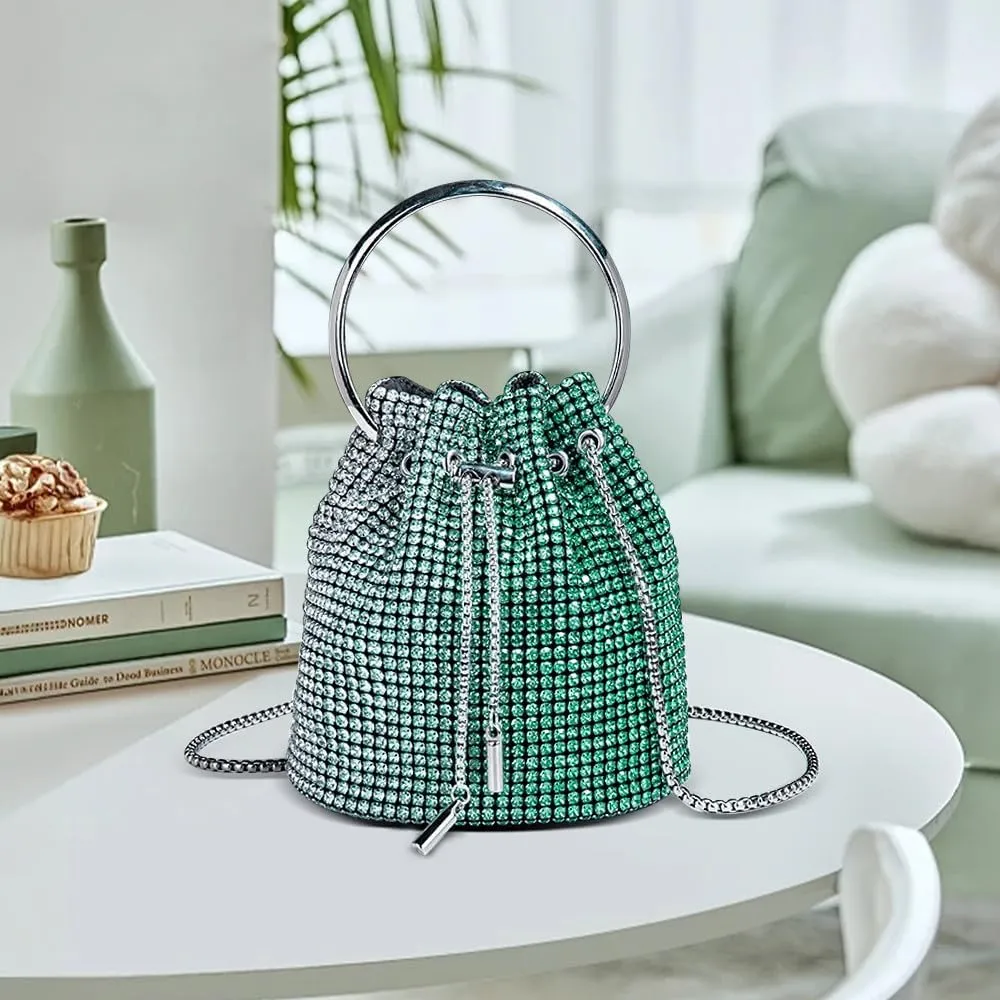 Rhinestone Evening Handbag Drawstring Shoulder Bling Purse Diamond Clutch Purse Party Wedding Prom Shopping Green