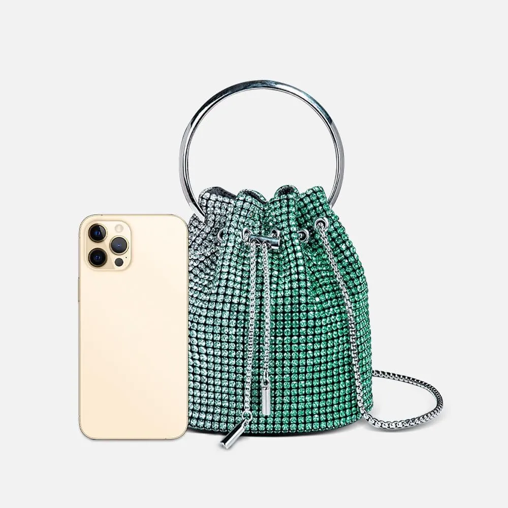 Rhinestone Evening Handbag Drawstring Shoulder Bling Purse Diamond Clutch Purse Party Wedding Prom Shopping Green