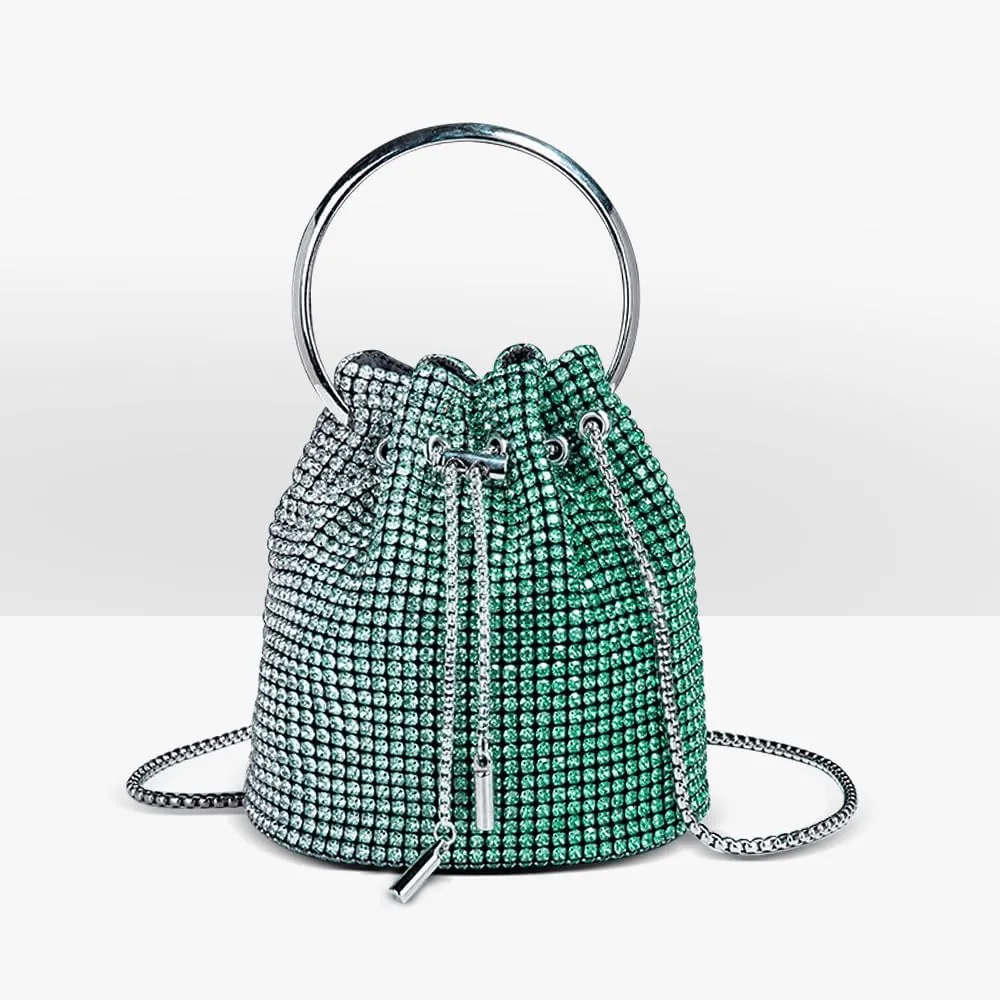 Rhinestone Evening Handbag Drawstring Shoulder Bling Purse Diamond Clutch Purse Party Wedding Prom Shopping Green