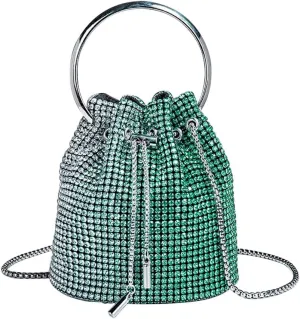 Rhinestone Evening Handbag Drawstring Shoulder Bling Purse Diamond Clutch Purse Party Wedding Prom Shopping Green