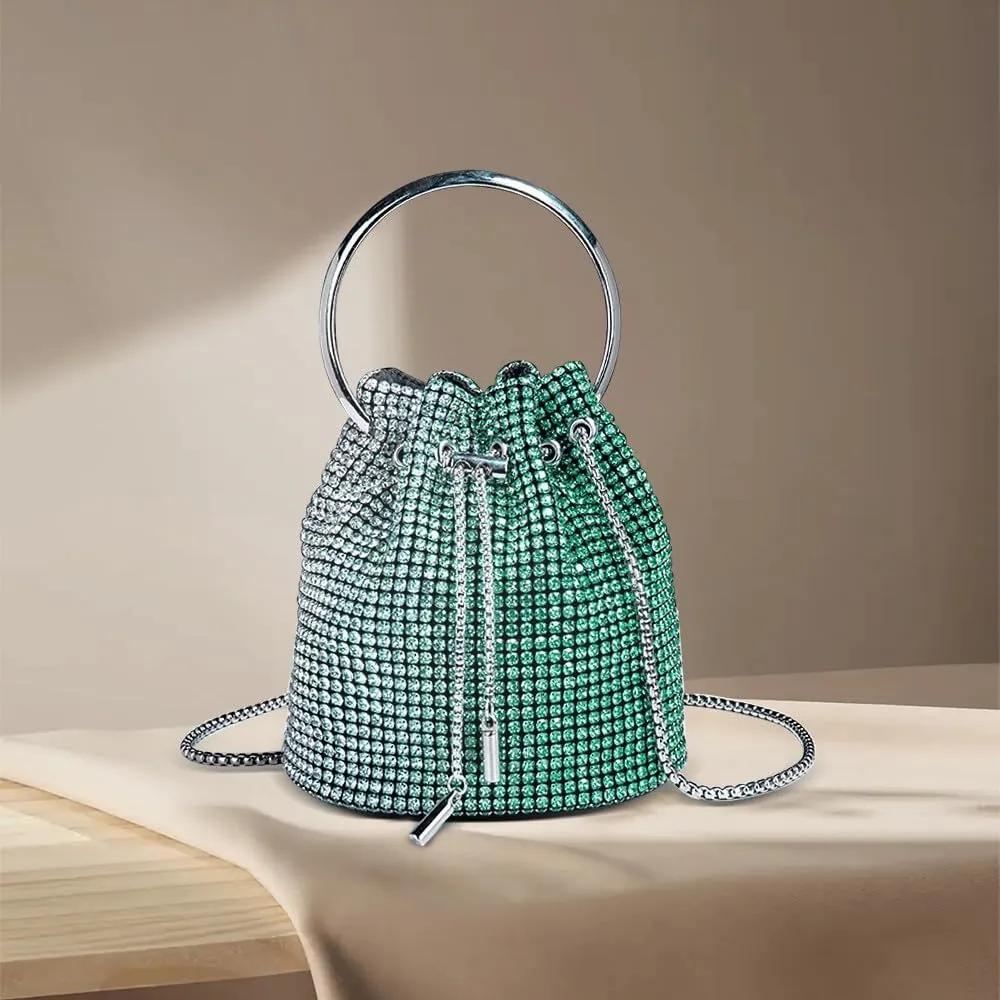 Rhinestone Evening Handbag Drawstring Shoulder Bling Purse Diamond Clutch Purse Party Wedding Prom Shopping Green