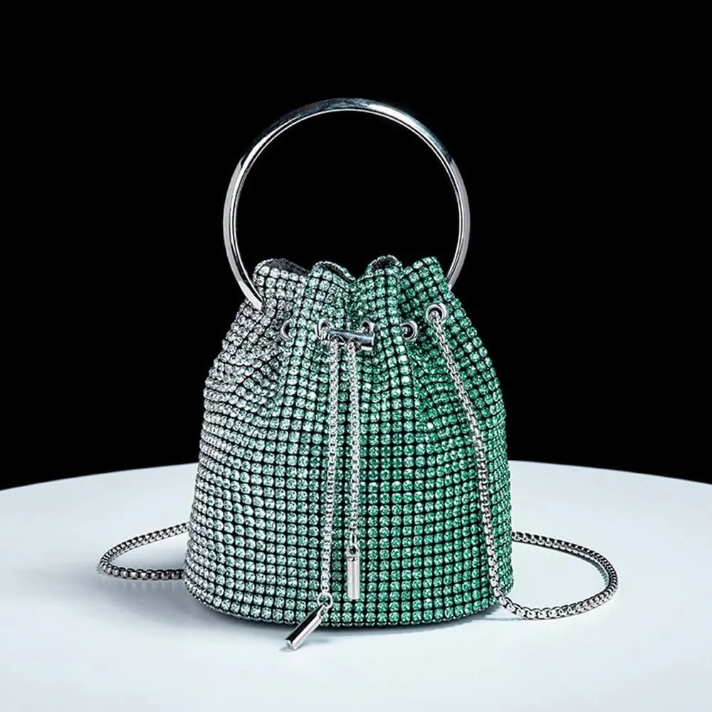 Rhinestone Evening Handbag Drawstring Shoulder Bling Purse Diamond Clutch Purse Party Wedding Prom Shopping Green
