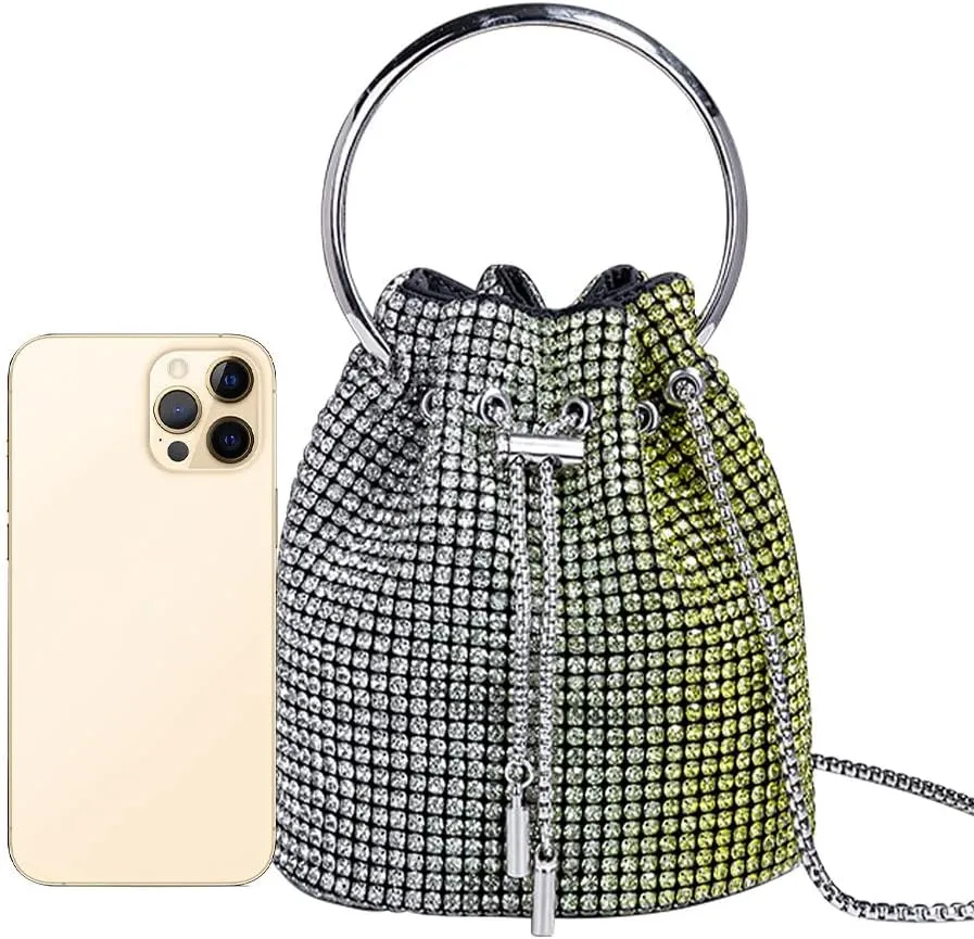 Rhinestone Evening Handbag Drawstring Shoulder Bling Purse Diamond Clutch Purse Party Wedding Prom Shopping Yellow