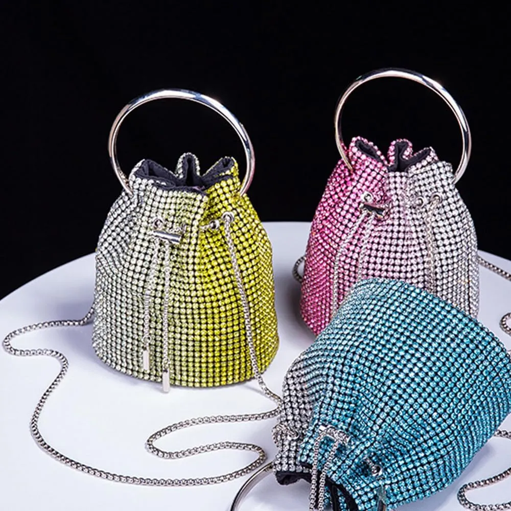 Rhinestone Evening Handbag Drawstring Shoulder Bling Purse Diamond Clutch Purse Party Wedding Prom Shopping Yellow