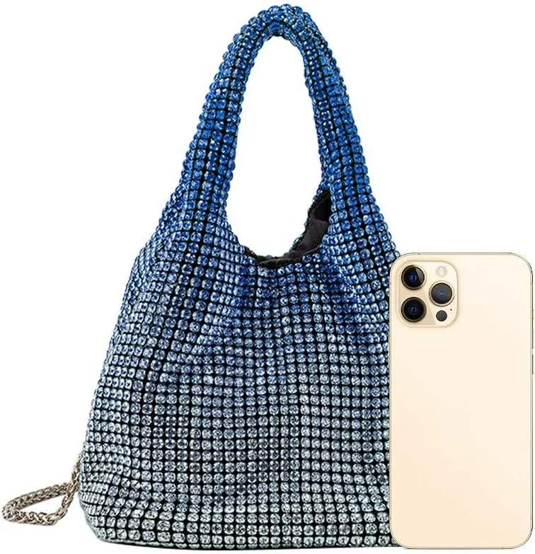 Rhinestone Purse Sparkly Bucket Bag Diamond Purses for Women Evening Prom Rhinestone Handbag Hobo Bag Wedding Gradient Blue
