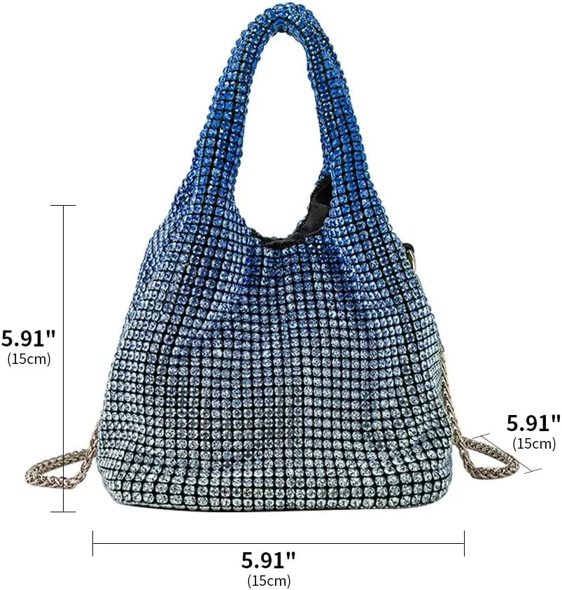 Rhinestone Purse Sparkly Bucket Bag Diamond Purses for Women Evening Prom Rhinestone Handbag Hobo Bag Wedding Gradient Blue