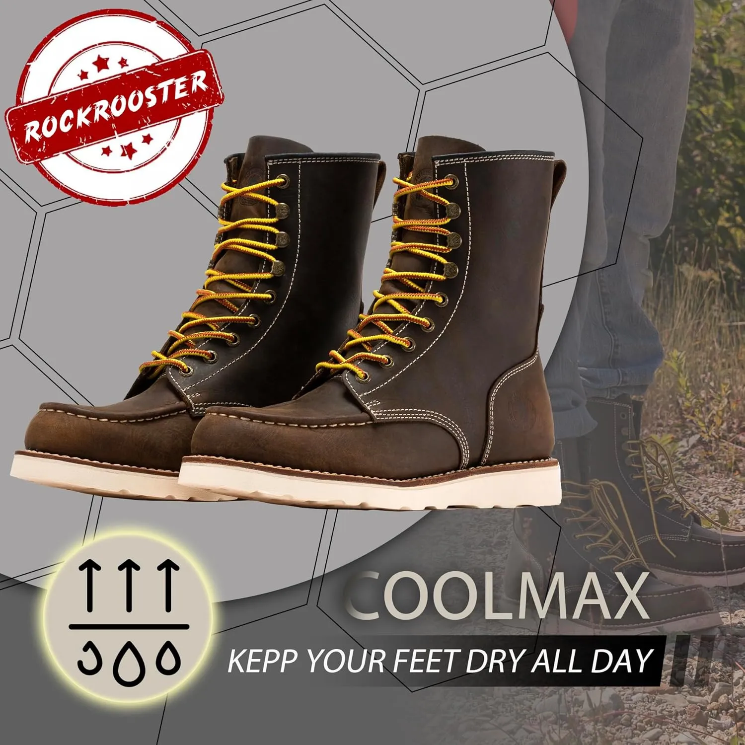 ROCKROOSTER Mantua Work Boots for Men, 8 inch Soft Toe, Slip-Resistant Wedge Outsole Moc Toe Electrical Boots