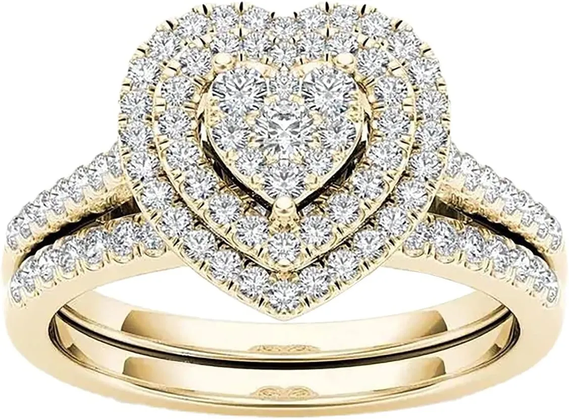 Round Cut Diamond Double Heart Frame Cluster Bridal Jewelry Set for Women Zircon Engagement Wedding Ring for Women