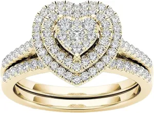 Round Cut Diamond Double Heart Frame Cluster Bridal Jewelry Set for Women Zircon Engagement Wedding Ring for Women