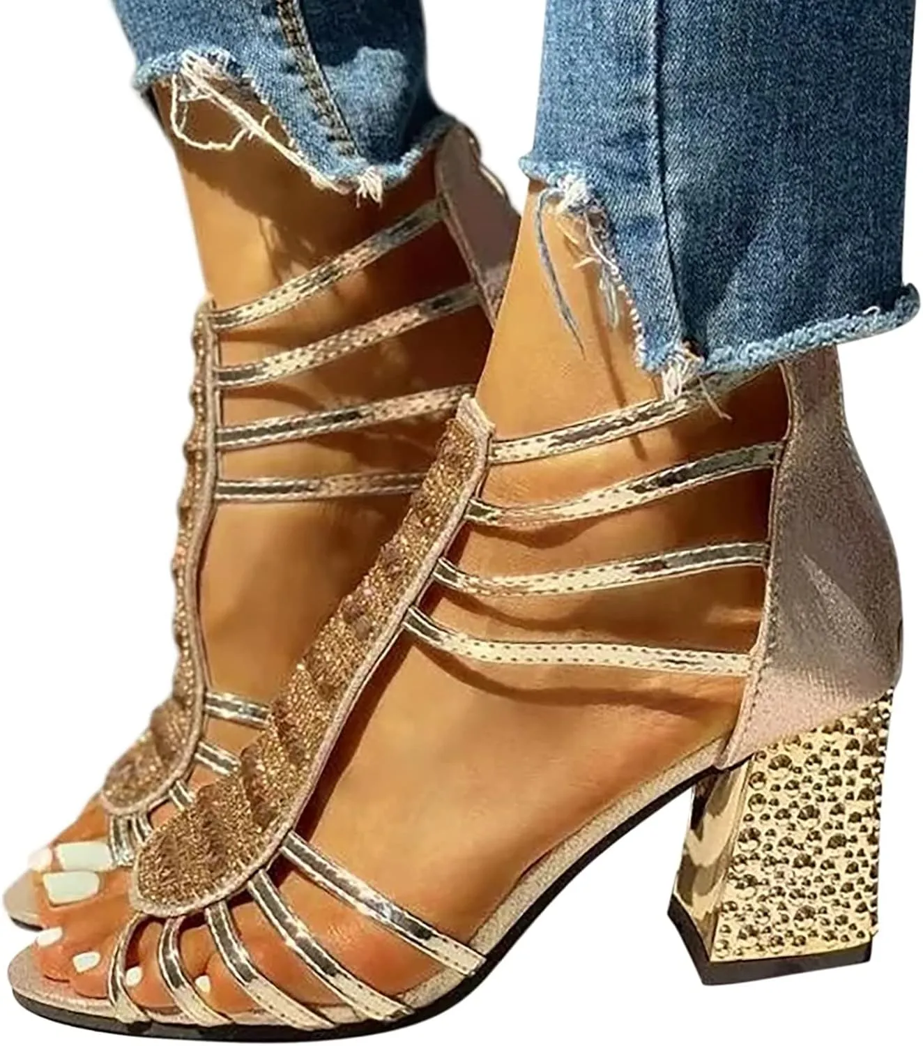 SACFOF Women's Open Toe Shoes High Chunky Heel Cutout Sandals Summer Evening Dress Block Chunky Heels Pumps Sandal Shoes