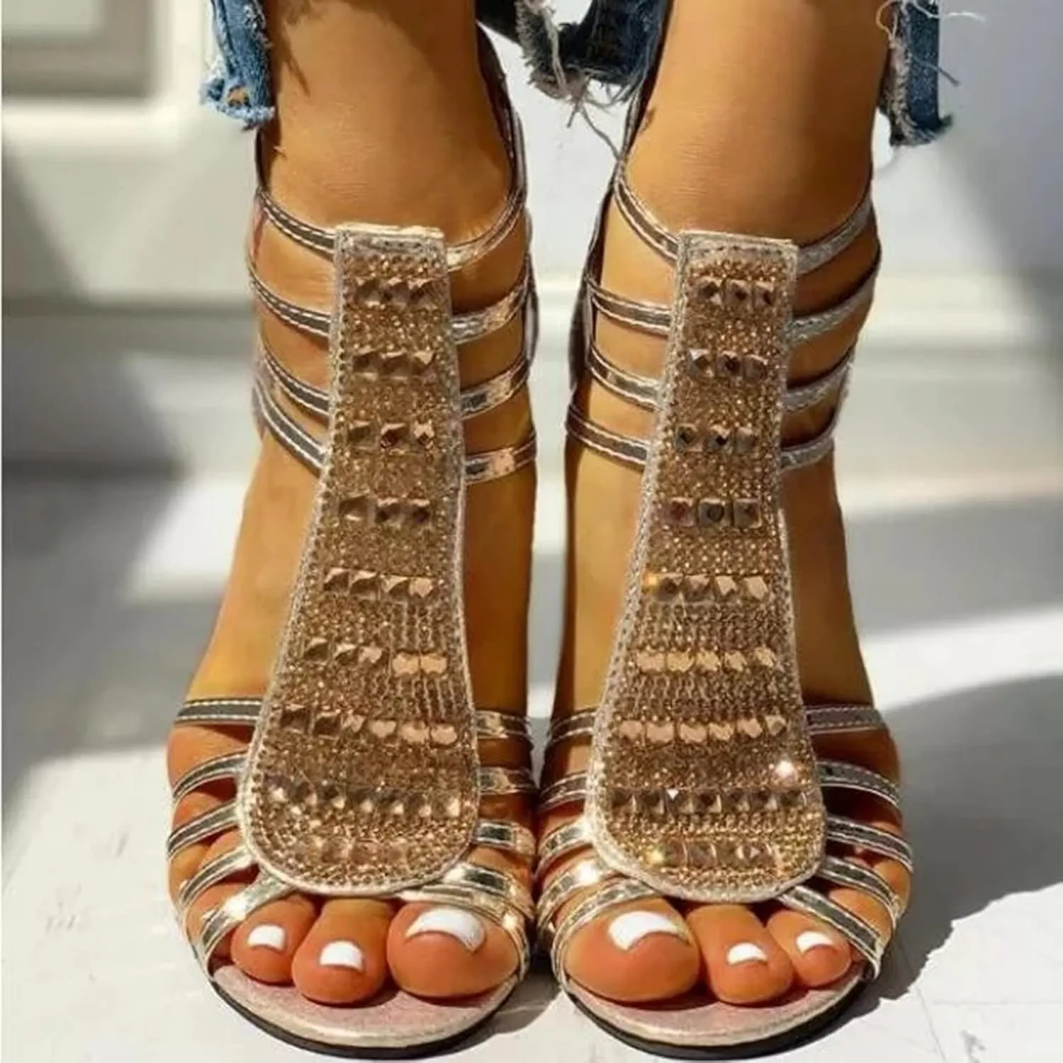 SACFOF Women's Open Toe Shoes High Chunky Heel Cutout Sandals Summer Evening Dress Block Chunky Heels Pumps Sandal Shoes
