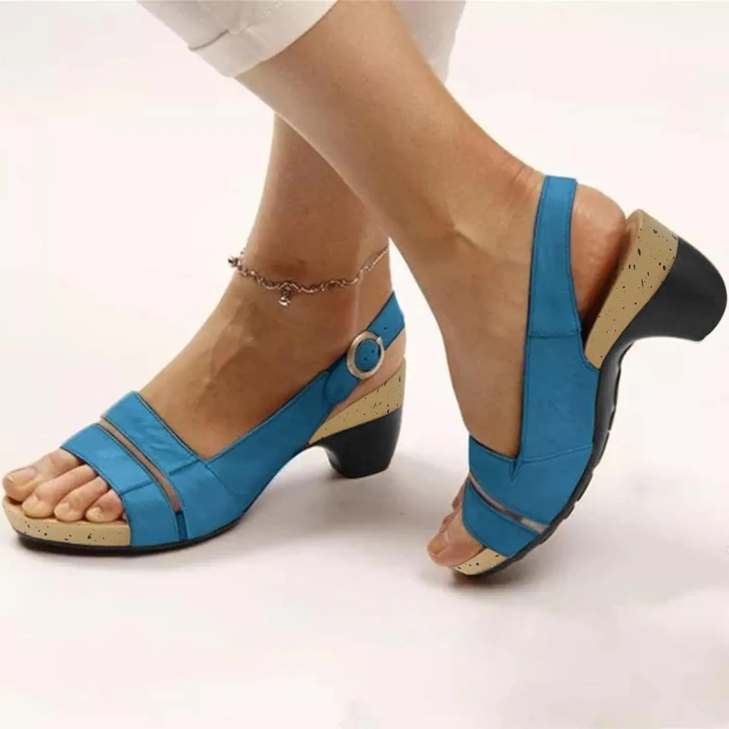 Sandals for Women 2025 Dressy Chunky Block Heel Orthotic Sandals Open Toe Slip-On Shoes Adjustable Ankle Strap Buckle Sandal Summer Wedding Party Shoes