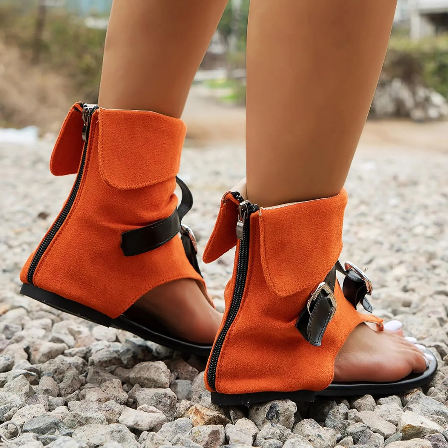 Sandals for Women Back Zipper Roman Sandals Summer Beach Sandals Round Open Toe Fashion Sandal Walking Bohemian Shoes