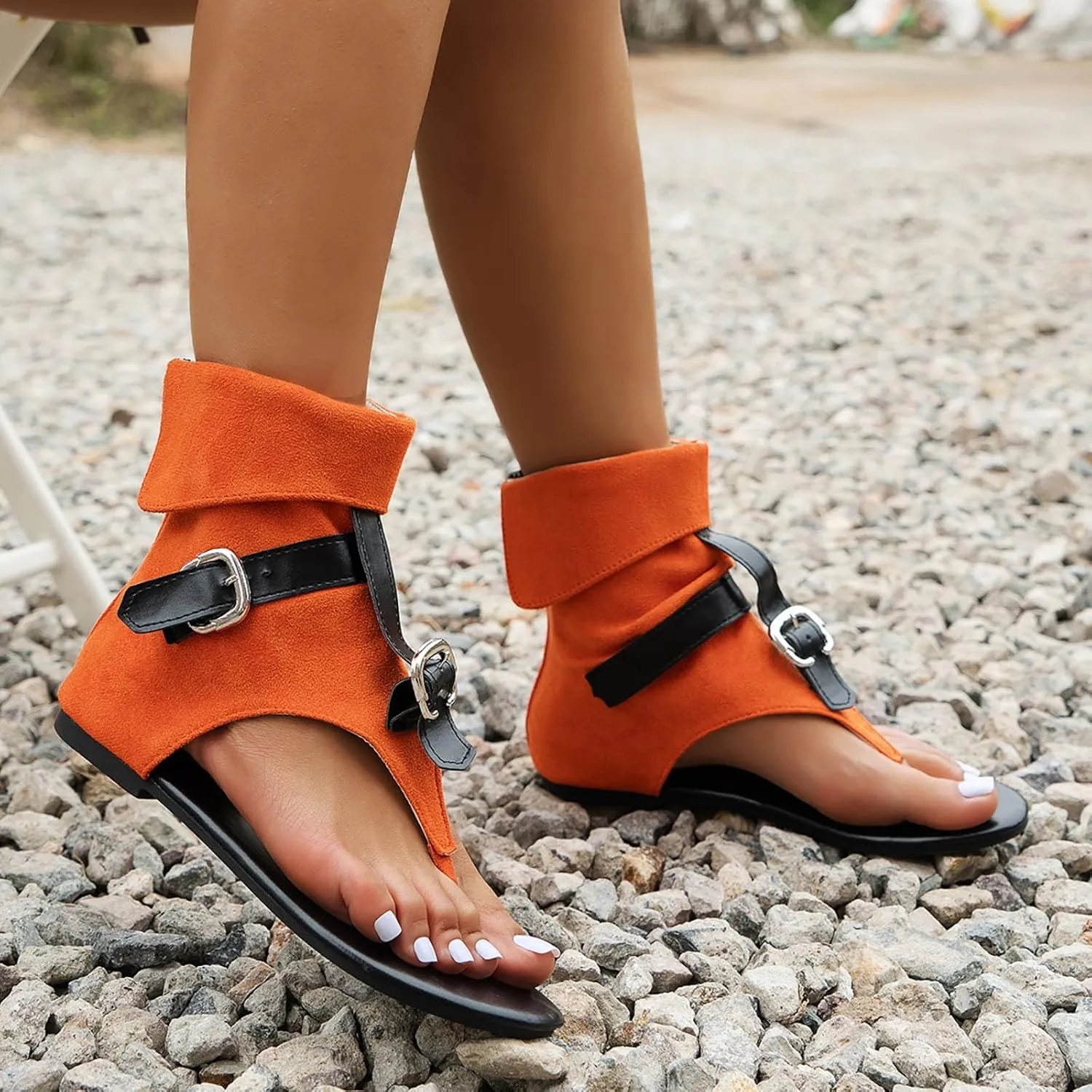 Sandals for Women Back Zipper Roman Sandals Summer Beach Sandals Round Open Toe Fashion Sandal Walking Bohemian Shoes
