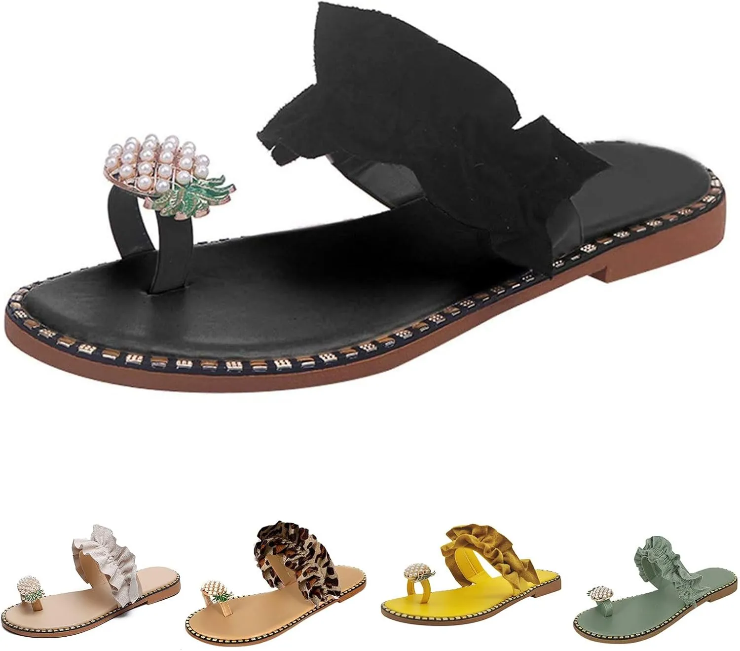 Sandals for Women Bohemia Bling Rhinestone Pearl Flat Sandals Sweet Cute Pineapple Sandal, Clip Toe Flip Flops Boho Casual Flat Slippers Beach Open Toe Dress Shoes