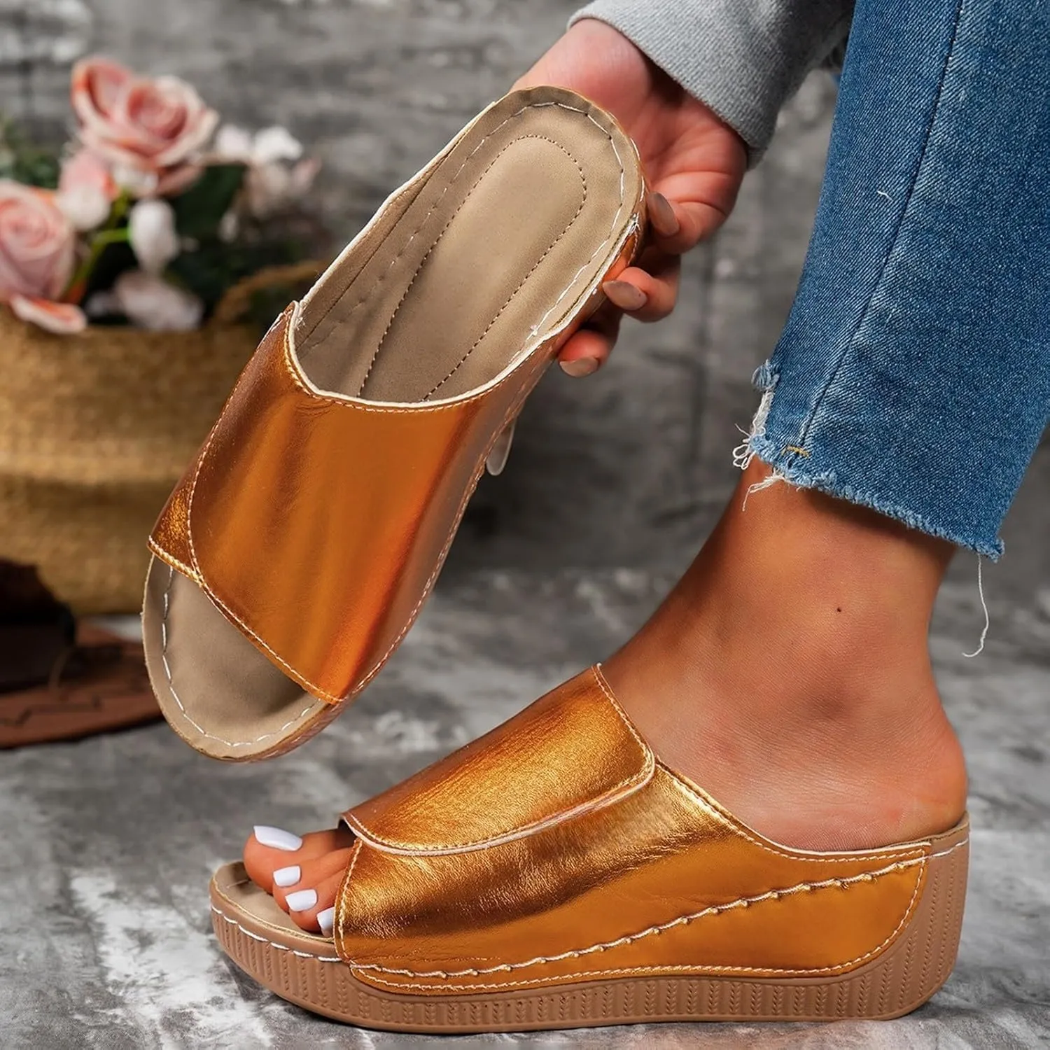 Sandals for Women Platform Wedge Open Toe Low Heel Beach Flats Ankle Chelsea Dress Shoes Orthopedic Casual Summer Slip on Sandal Flat Espadrilles Walking Slippers Arch Support Strappy Wedges