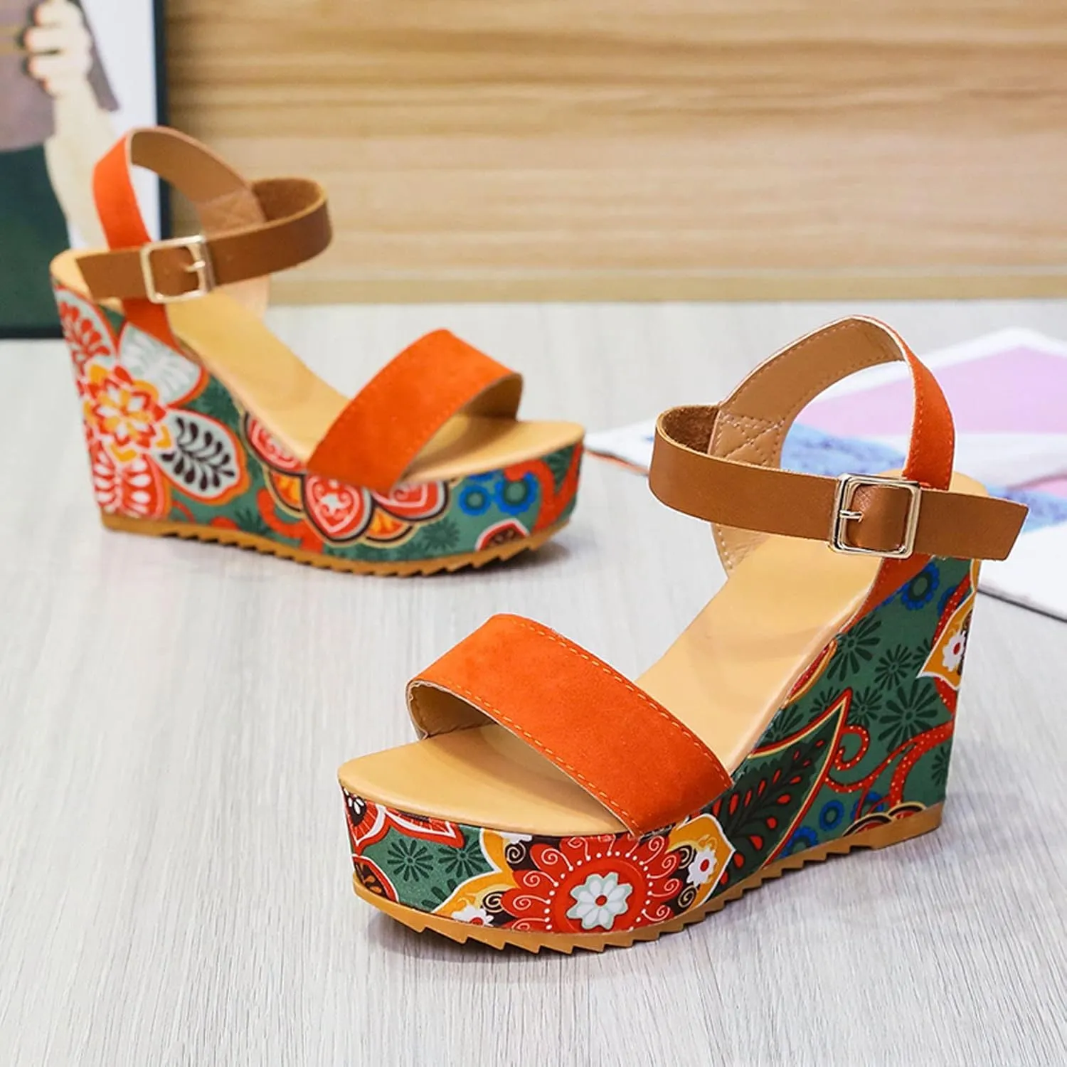 Sandals Wedges Open Summer Women Toe Strap Breathable Shoes Flower Women's Wedges Slip Shoes Sandals