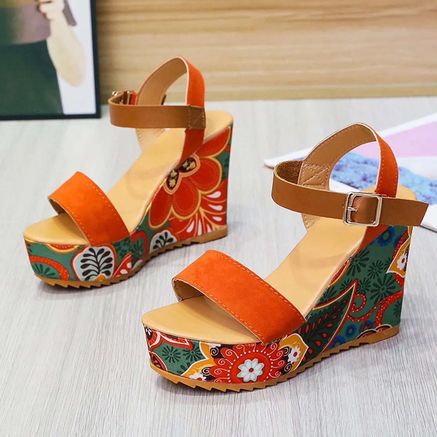Sandals Wedges Open Summer Women Toe Strap Breathable Shoes Flower Women's Wedges Slip Shoes Sandals