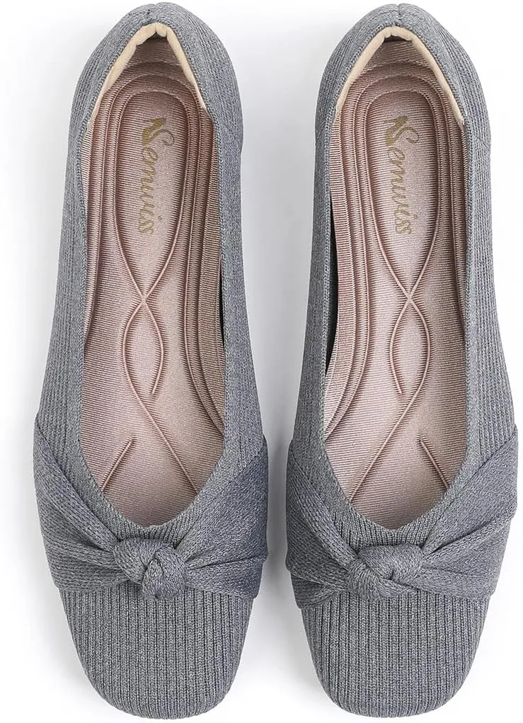 SemwissWomen Ballet Flats Square Toe Comfortable Dressy Slip on mesh Knitted Flat with Bow Office Shoes.