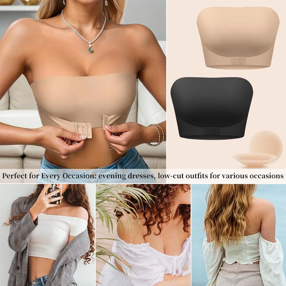Sexy Code 1701 Women's Strapless Bra Non-Slip Silicone Bandeau with Front Closure, Seamless Tube Top with Nipple Cover