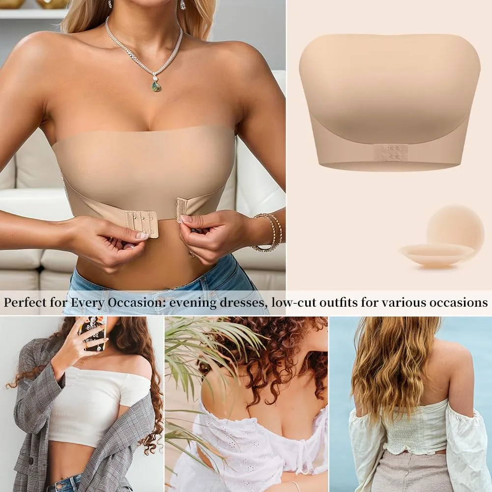 Sexy Code 1701 Women's Strapless Bra Non-Slip Silicone Bandeau with Front Closure, Seamless Tube Top with Nipple Cover