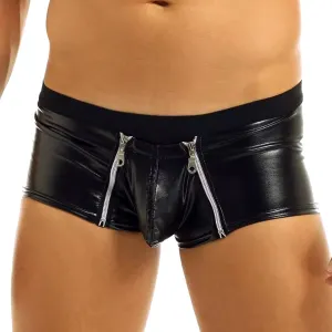Sexy PVC Leather Panties for MenDouble Zipper Pouch Boxer BriefsLow Rise Tight Boxer Shorts Nightclub Boyshorts