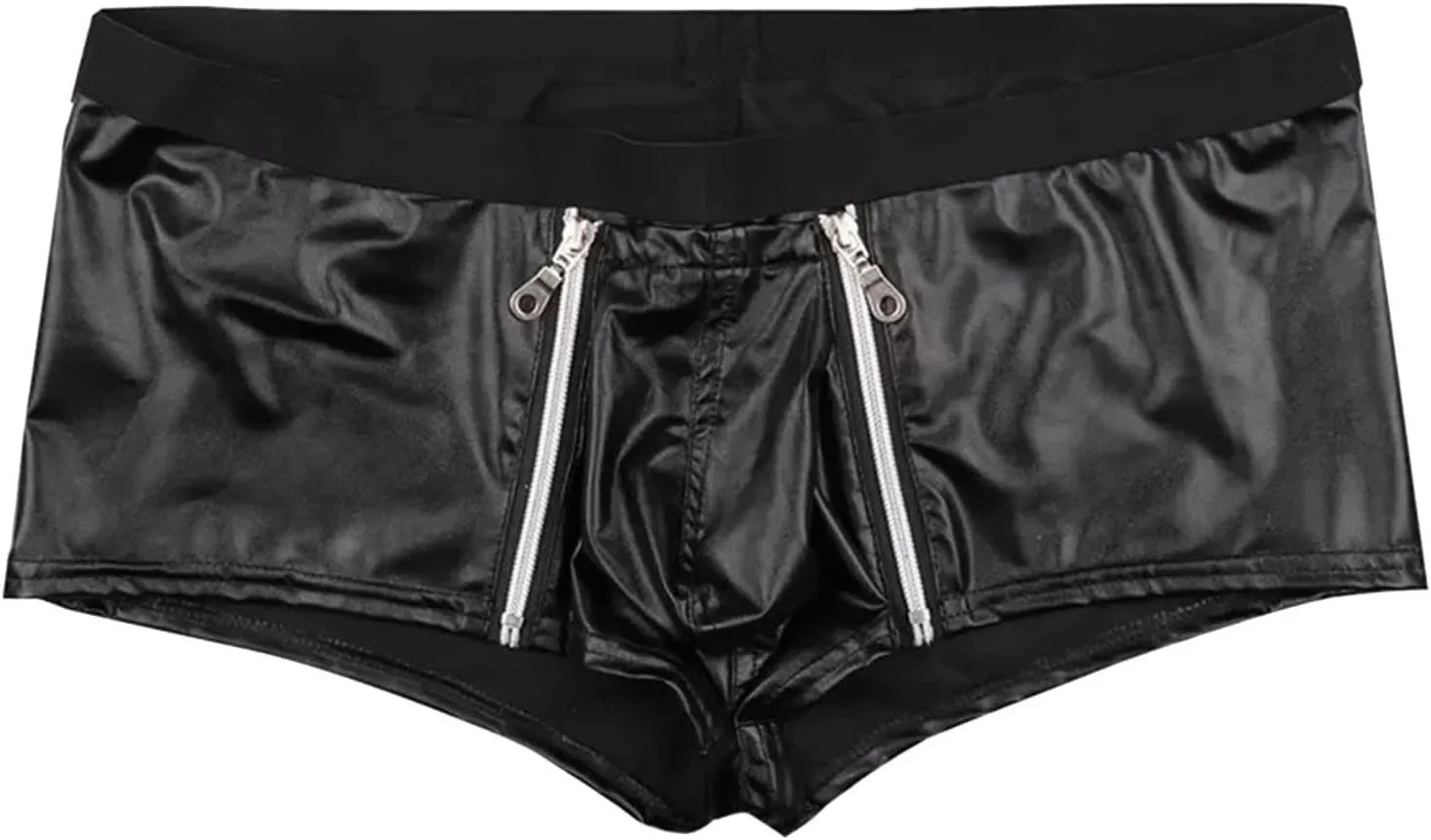 Sexy PVC Leather Panties for MenDouble Zipper Pouch Boxer BriefsLow Rise Tight Boxer Shorts Nightclub Boyshorts