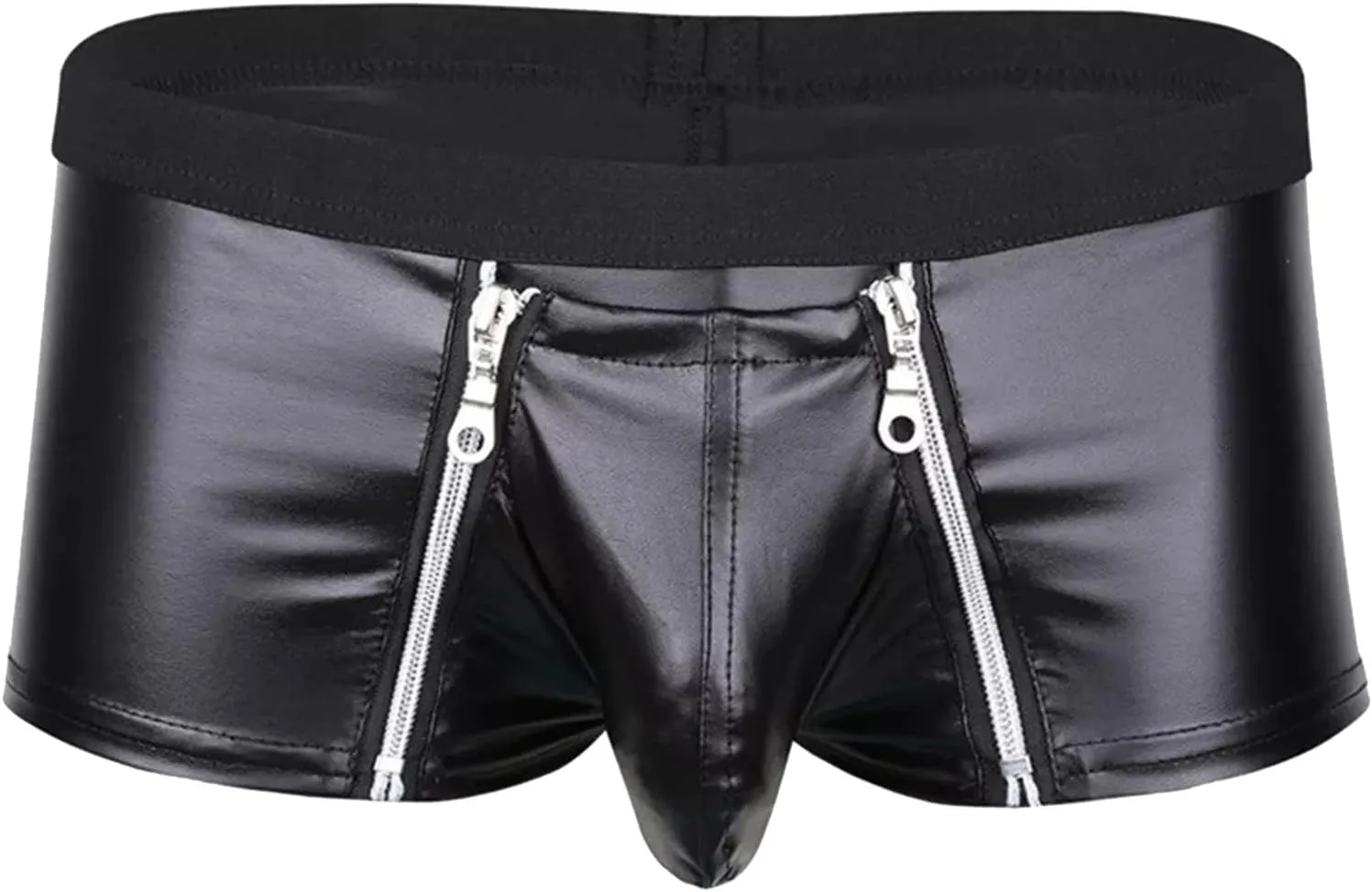 Sexy PVC Leather Panties for MenDouble Zipper Pouch Boxer BriefsLow Rise Tight Boxer Shorts Nightclub Boyshorts