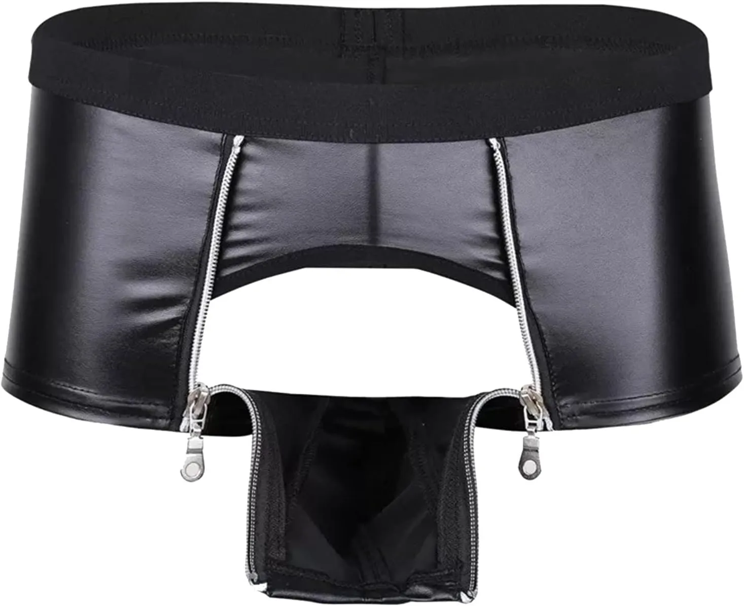 Sexy PVC Leather Panties for MenDouble Zipper Pouch Boxer BriefsLow Rise Tight Boxer Shorts Nightclub Boyshorts