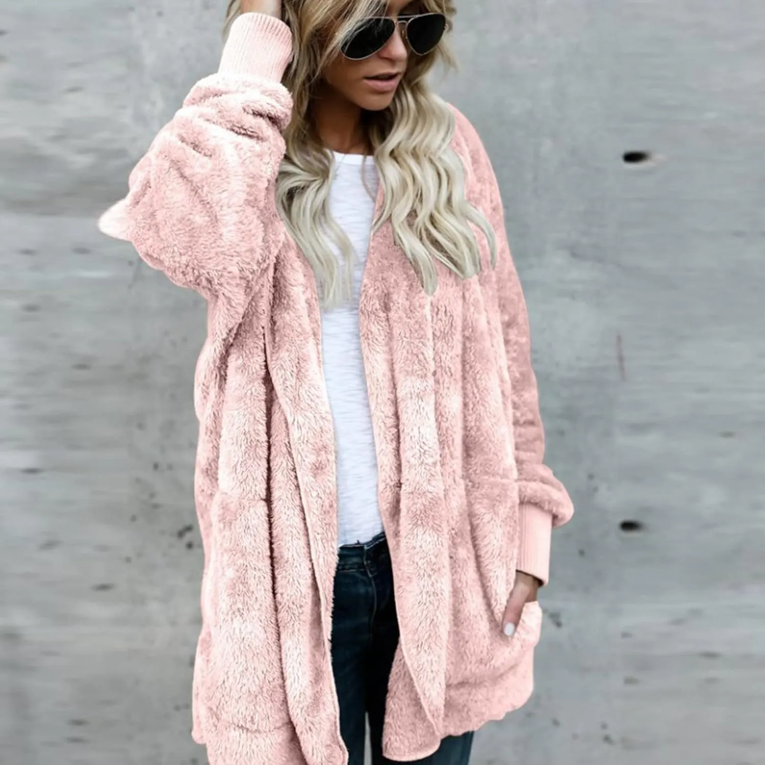 Sherpa Jacket Women Fuzzy Fleece Oversized Open Front Hooded Cardigan Soft Fluffy Sweaters Winter Coats with Pockets
