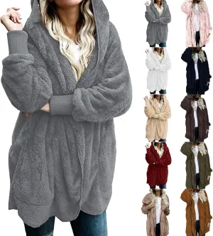 Sherpa Jacket Women Fuzzy Fleece Oversized Open Front Hooded Cardigan Soft Fluffy Sweaters Winter Coats with Pockets
