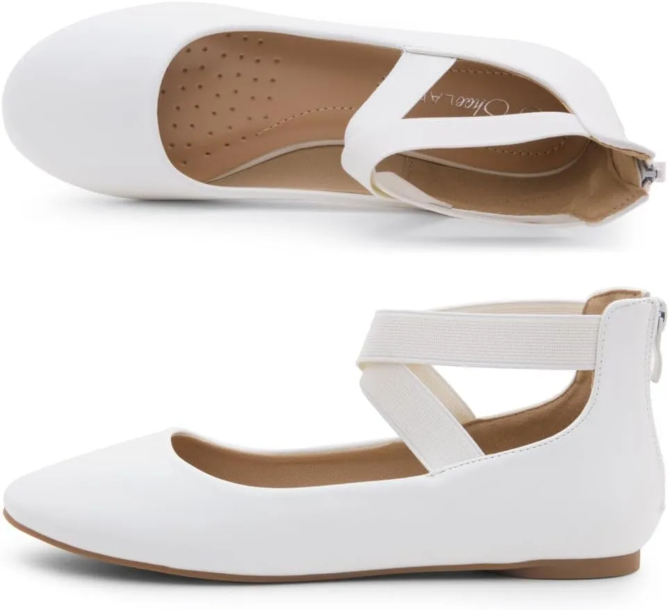 Shoe Land Women's Flats  Dressy & Casual Almond Toe Flat Shoes with Elastic Ankle Strap, Comfortable Slip-On Ballet Flats for Work, Office & Special Occasions
